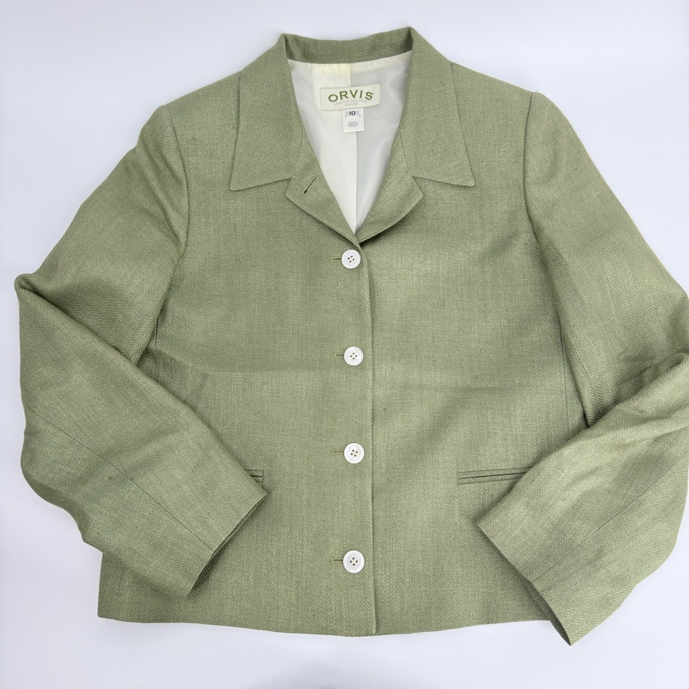 Orvis Blazer Jacket Herringbone Silk 90s Vintage Women Size 10 Sage Green Coat